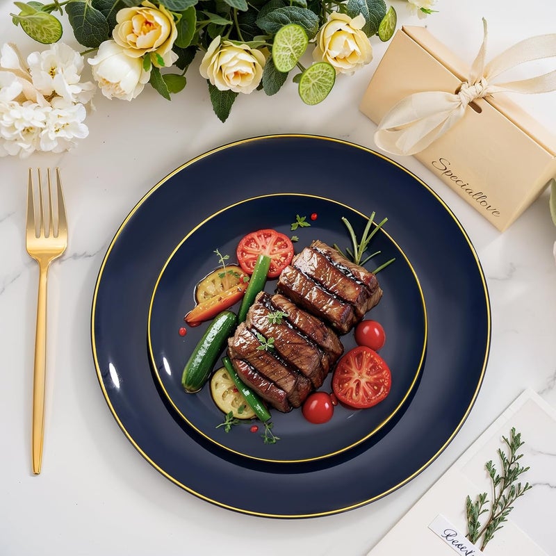 bUCLA 150PCS Blue and Gold Plastic Plates - 25 Guests Navy Blue Plastic Dinnerware Disposable for Party and Hanukkah - Include 25 Dinner/Dessert Plates, 25 Knives, 25 Forks, 25 Spoons, 25 Cups - Image 3